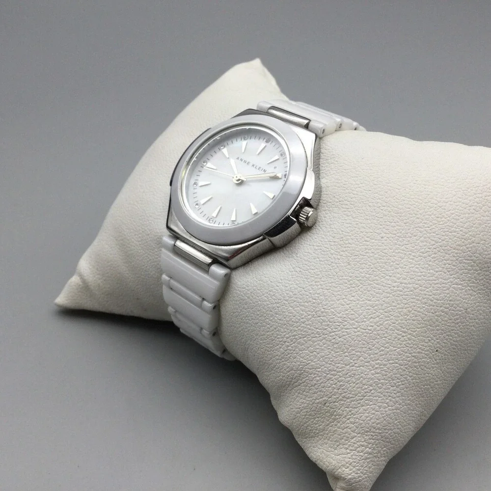 Anne Klein Watch Women 31mm Silver Tone White Cermaic MOP Dial New Battery 5.75